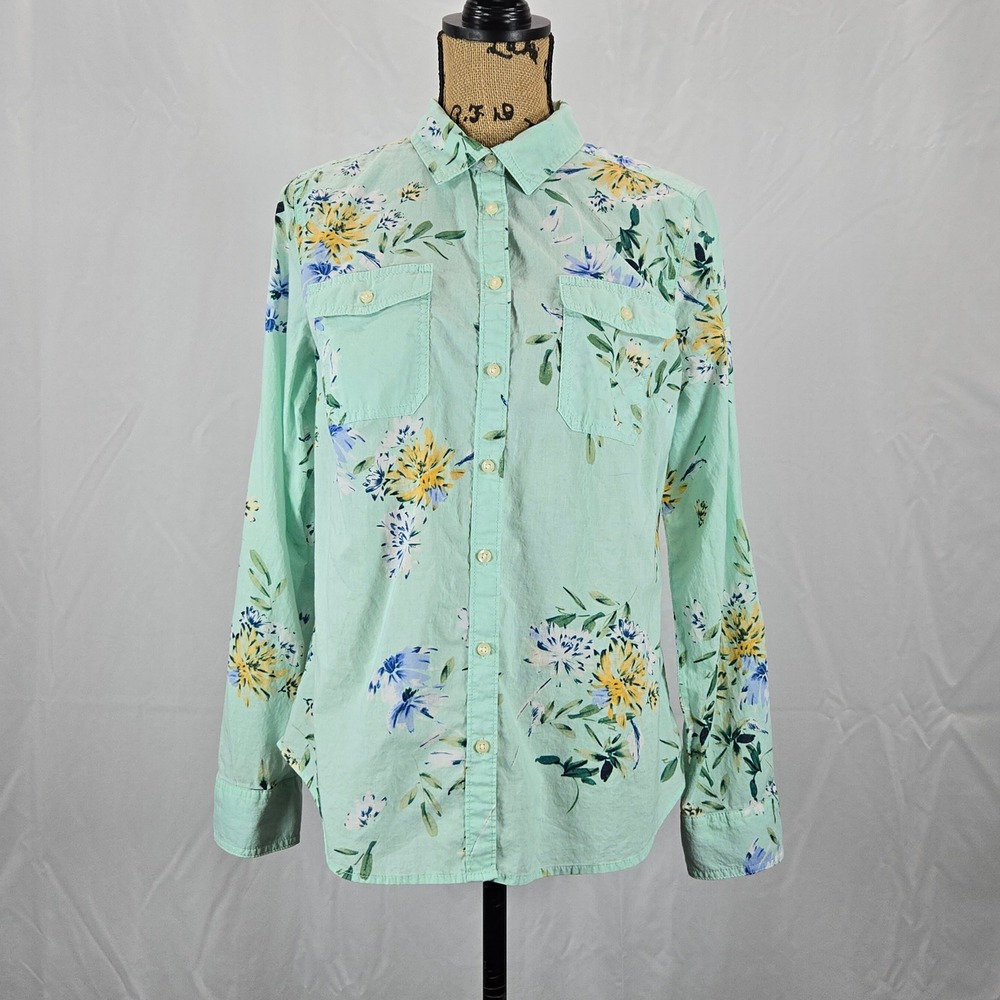 St John's Bay Women Floral Button Up Shirt Size L Mint Green Cottagecore